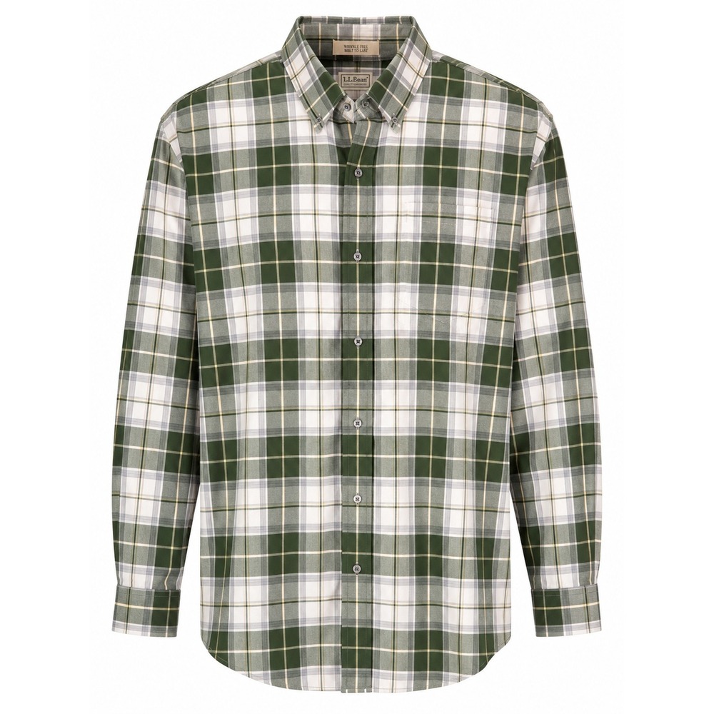 L.L. Bean Men's XL Reg Wrinkle Free Slightly Fitted Plaid Shirt Green White Cott